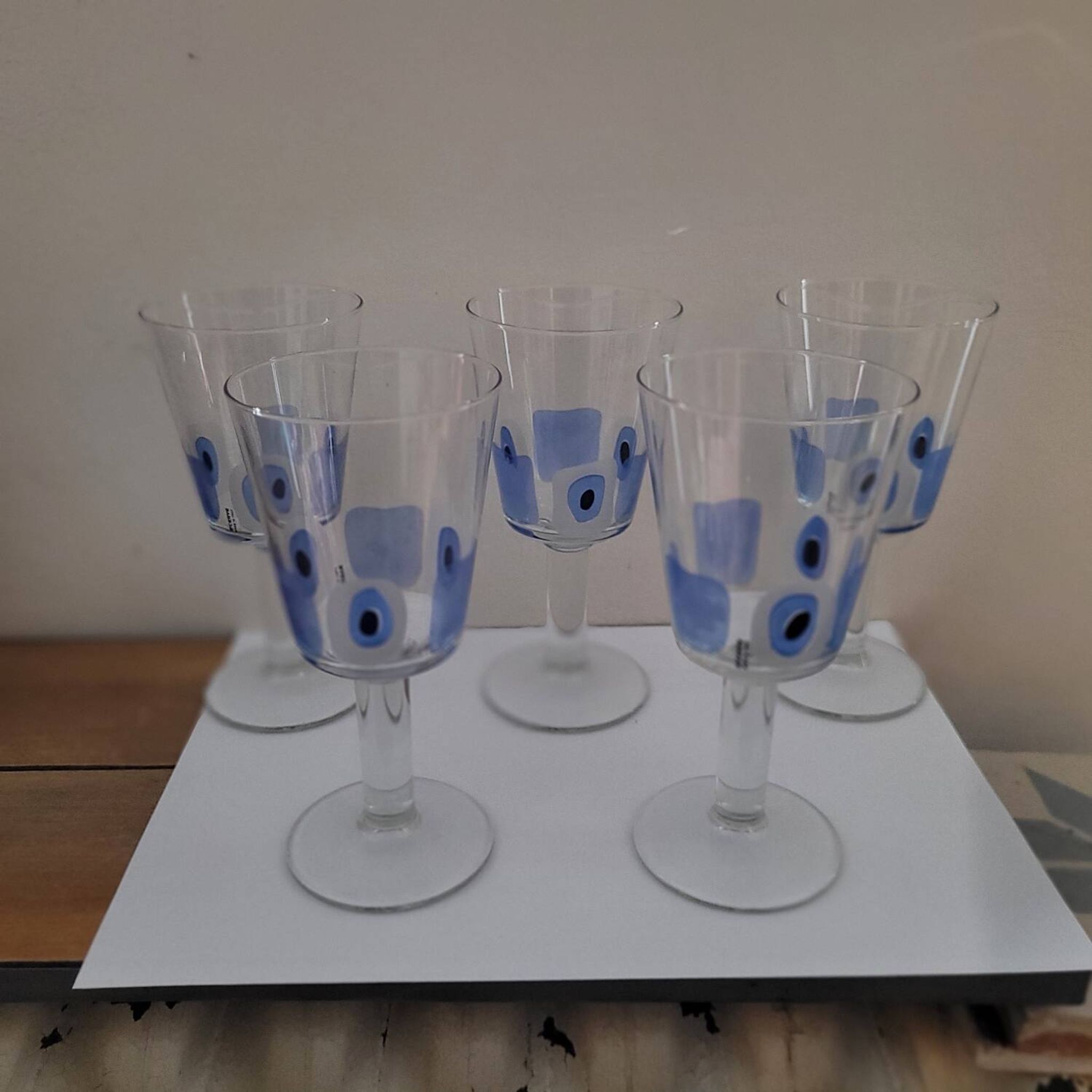 Set of 5 Italian stemmed glasses, Cerve design - lucky eye motif