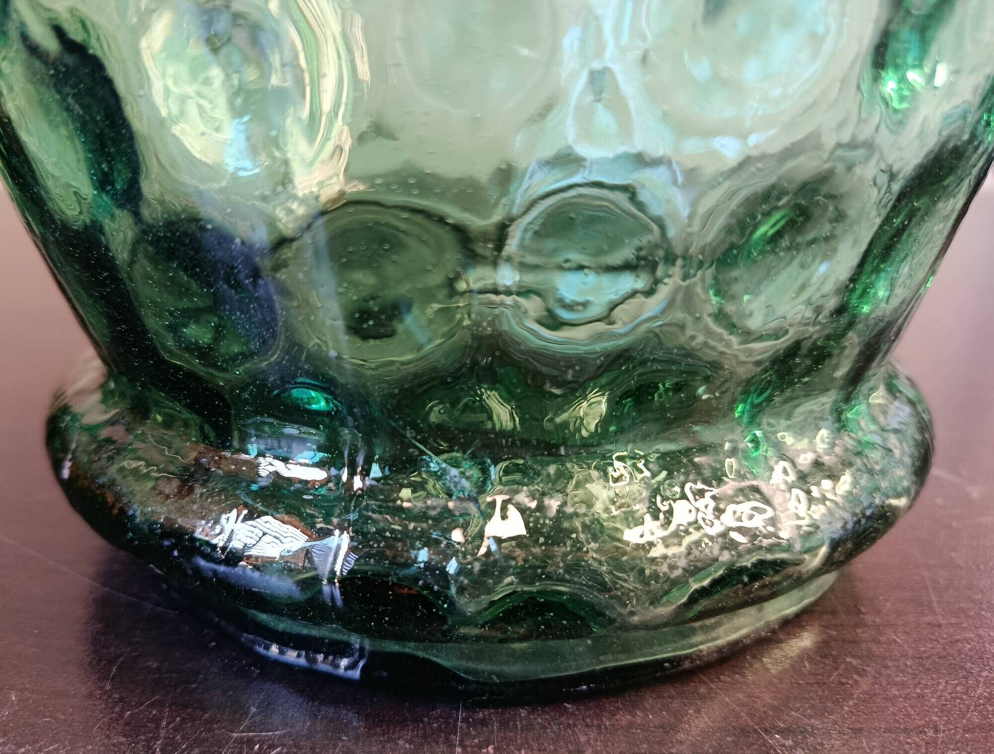 Textured glass vase and carafe duo in blown green glass, Biot style, 1960s.