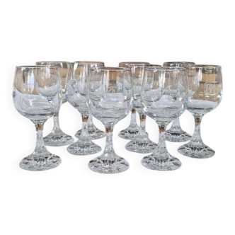 Vintage 10 large crystal glasses - Engraved logo - Cut stem - Very heavy