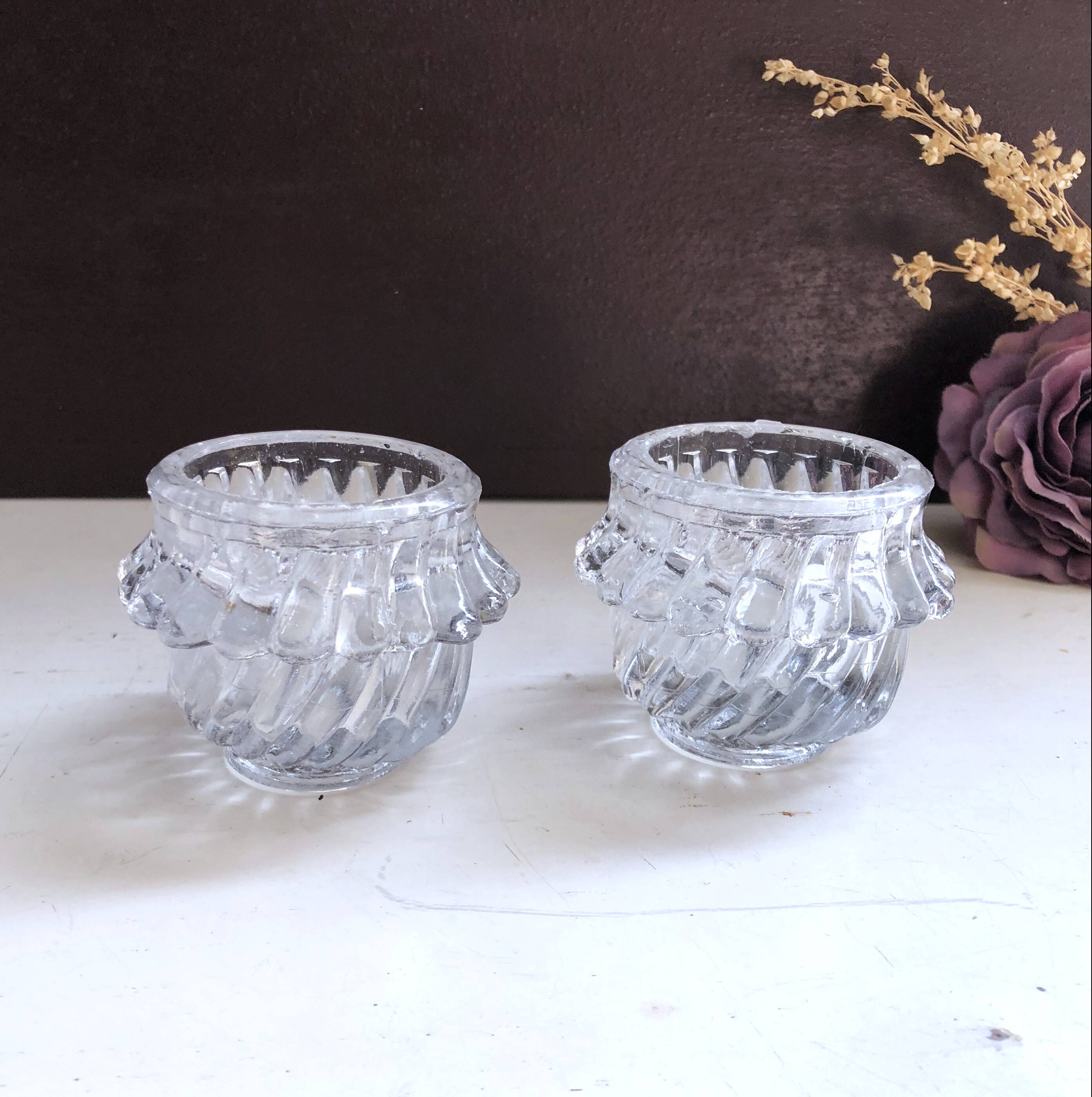 Glass salt and pepper shaker set with vintage serving spoon