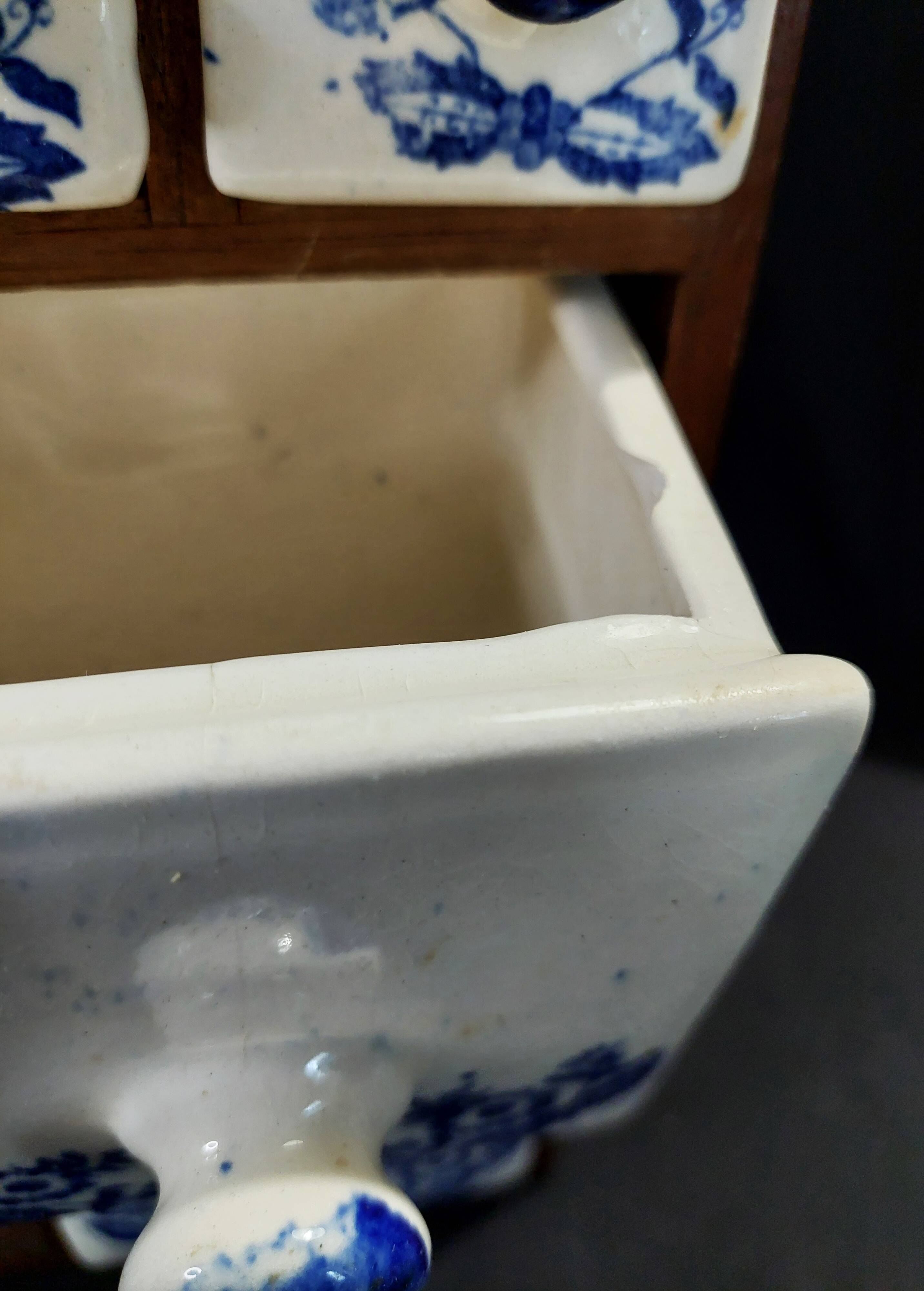 Vintage spice rack wood and earthenware blue decor
