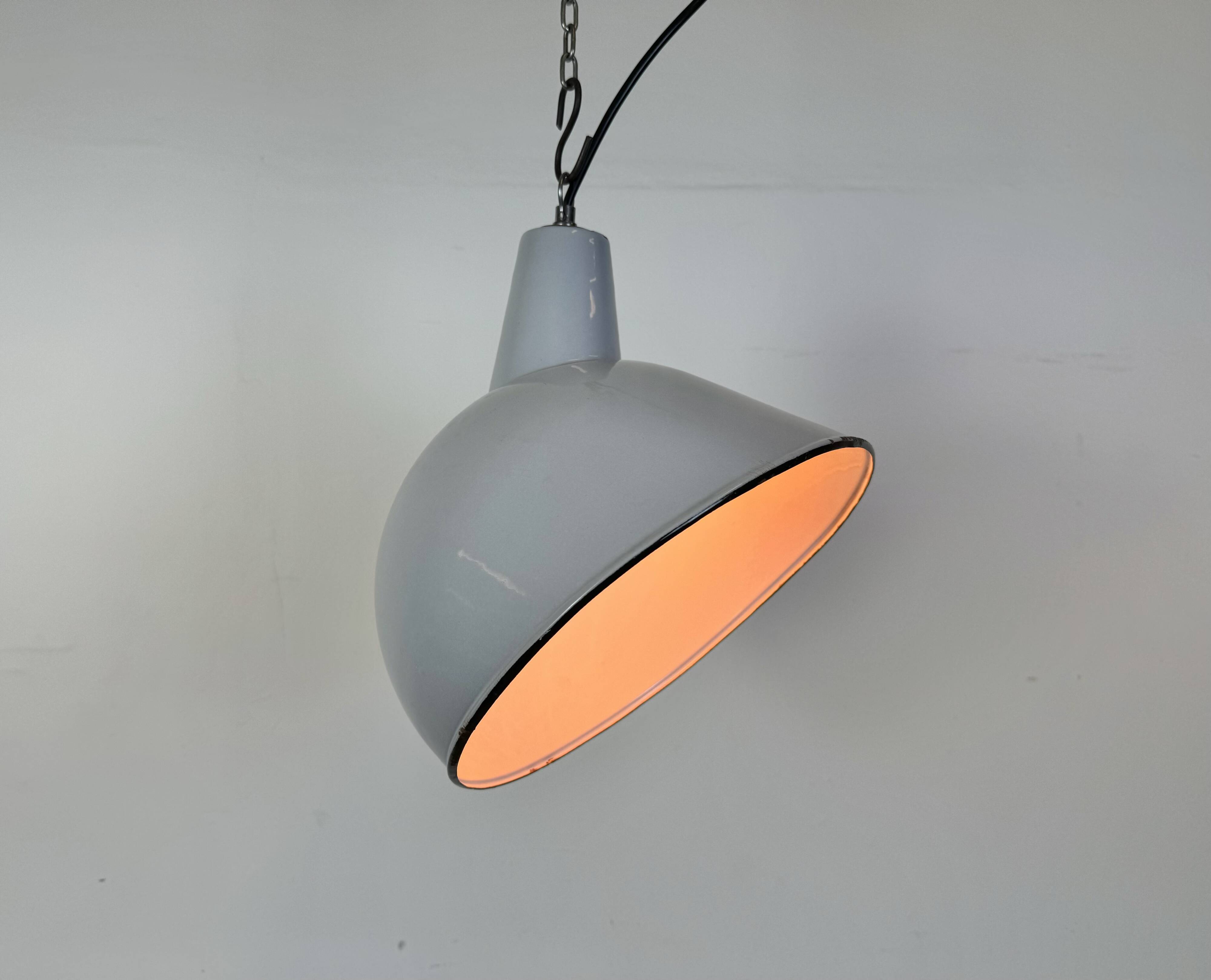 Industrial Grey Enamel Factory Pendant Lamp, 1960s