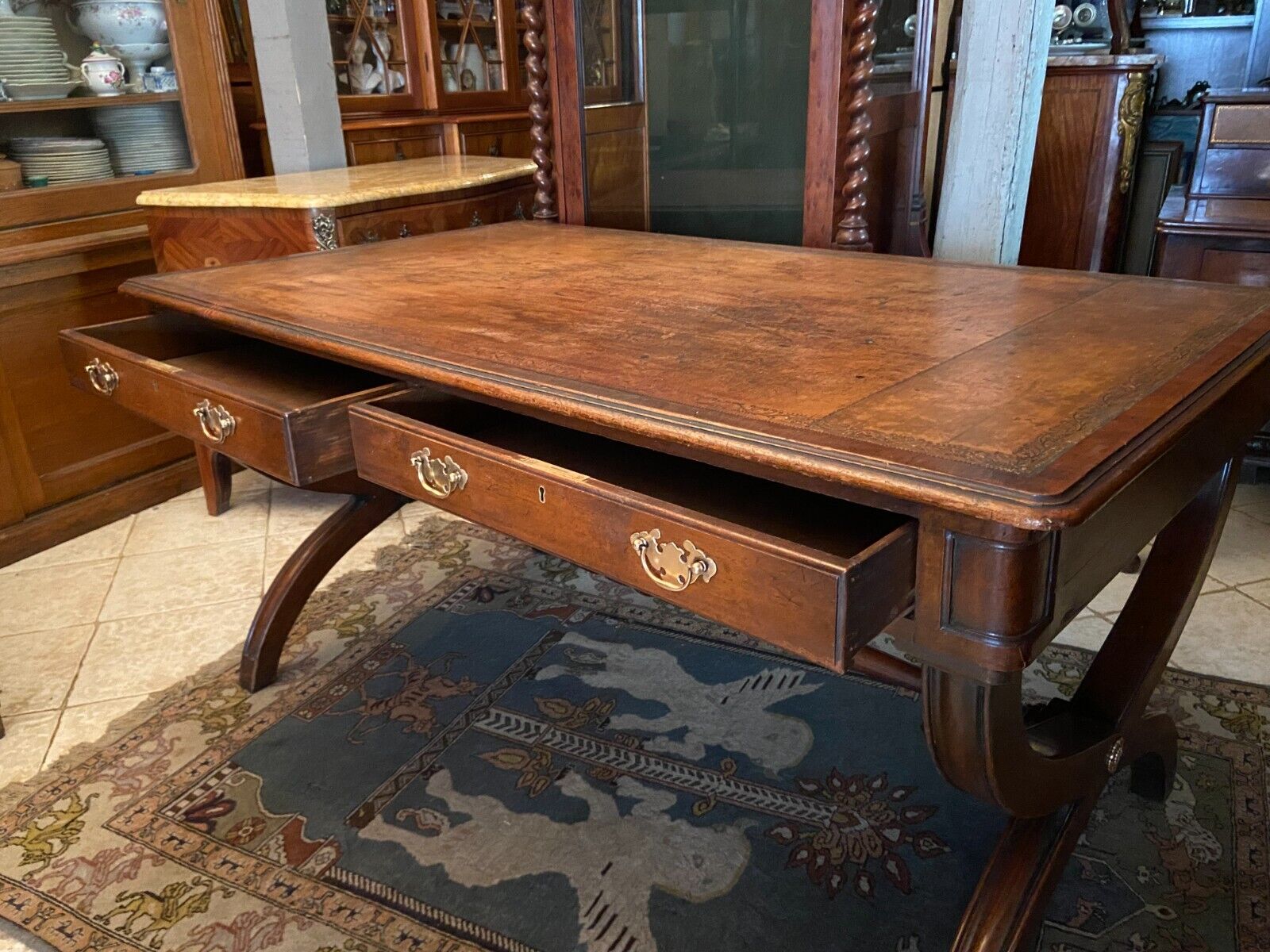 English mahogany desk early twentieth opening to two drawers