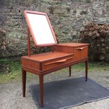 Vintage Scandinavian teak dressing table with 1 drawer 1 flap and its swivel mirror.