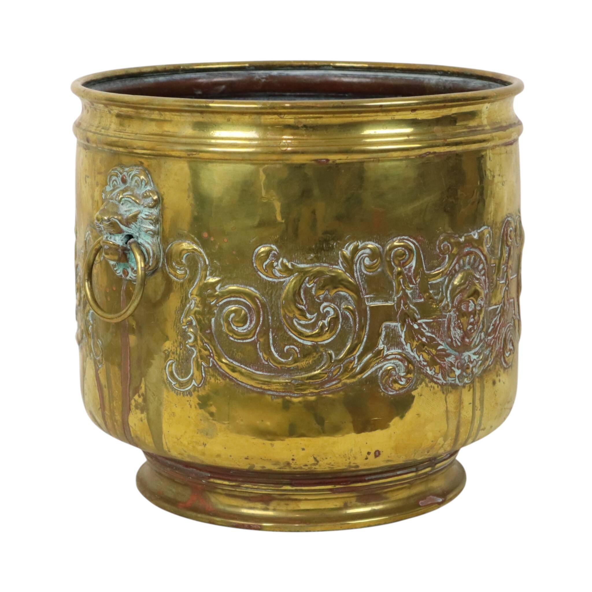 Large Brass Planter Jardinière Firewood Repoussé ca 1900