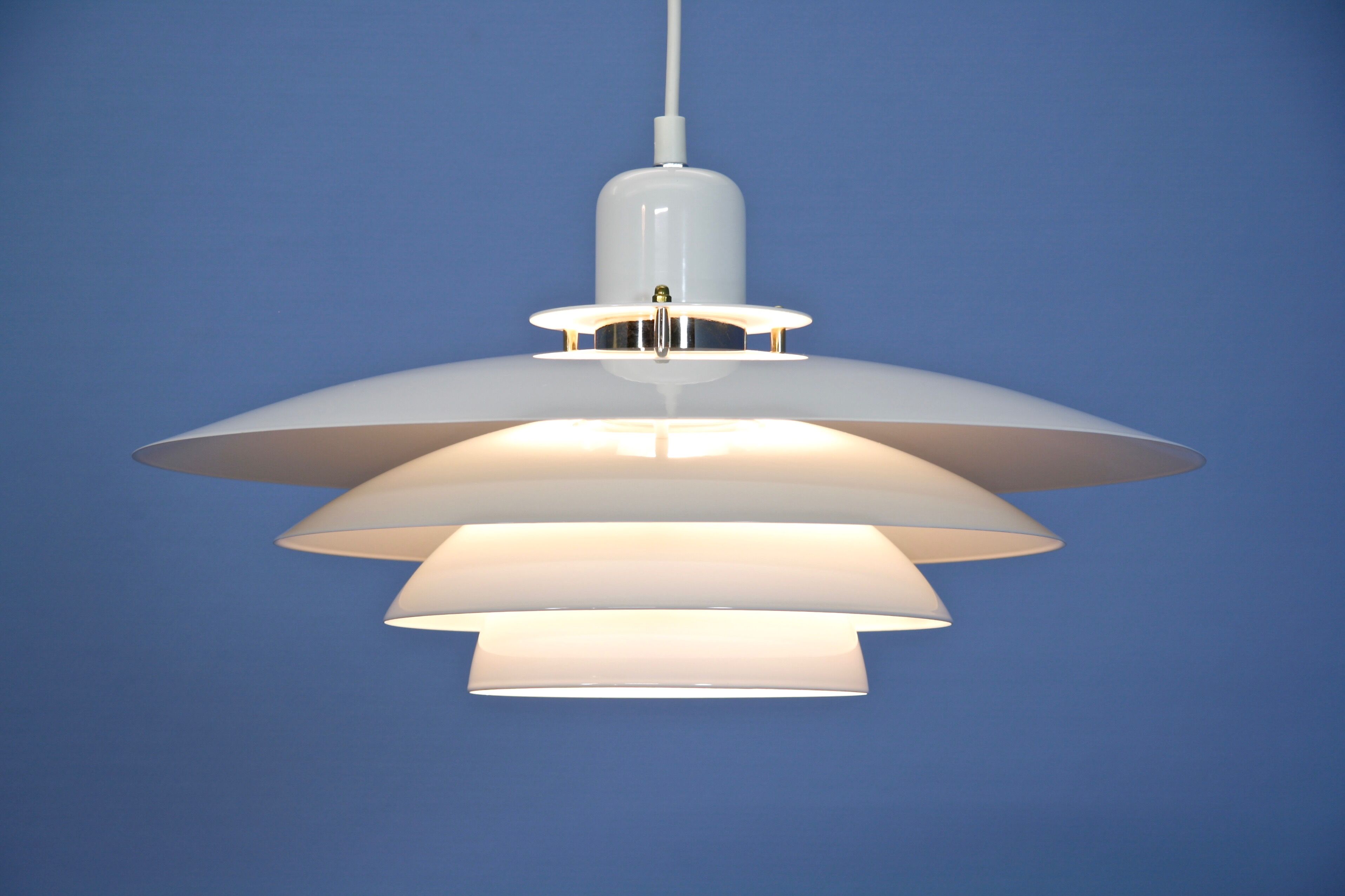 Danish hanging lamp in white with brass accent, 1980s