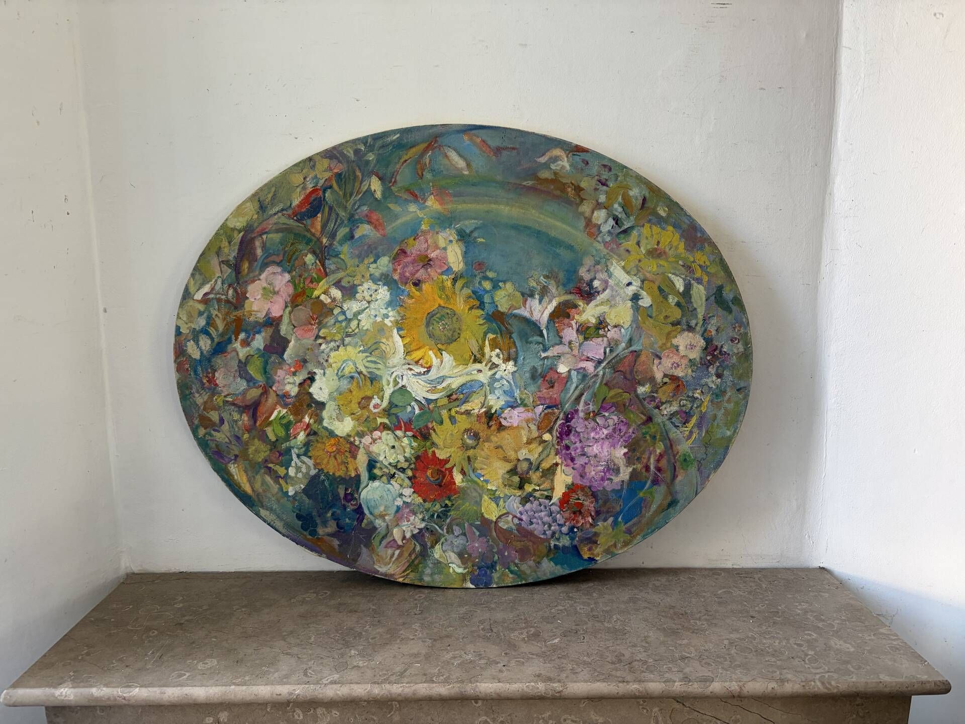 Huile sur toile ovale « Fleurs »