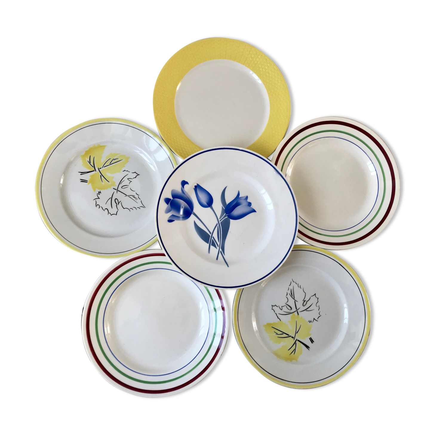 Set of 6 flat plates mismatched Digoin Sarreguemines and Gien years 30-40