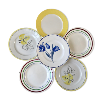 Set of 6 flat plates mismatched Digoin Sarreguemines and Gien years 30-40