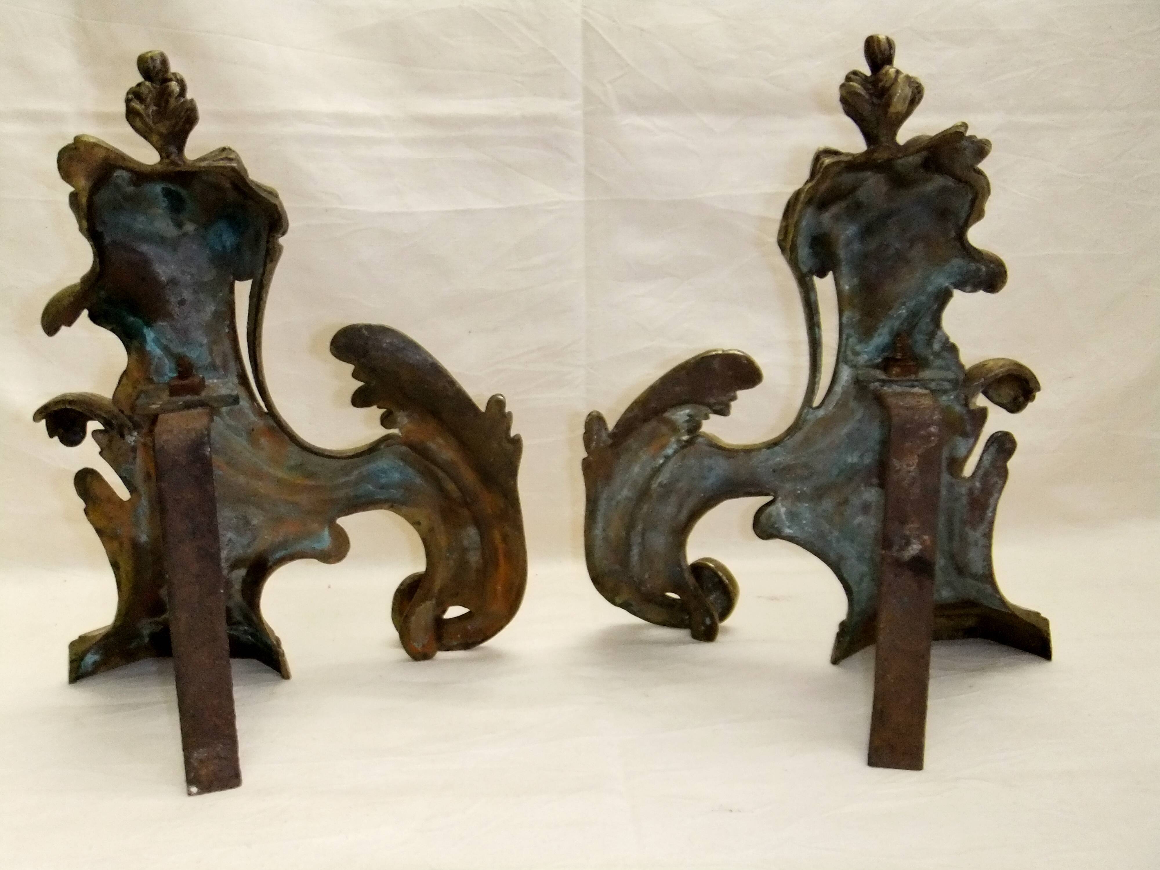 Old bronze andiron pair XVIII decor leaf accessory fireplace trim
