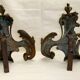 Old bronze andiron pair XVIII decor leaf accessory fireplace trim