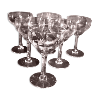 Set of 6 vintage wine glasses in blown glass engraved bistrot 1950-1960