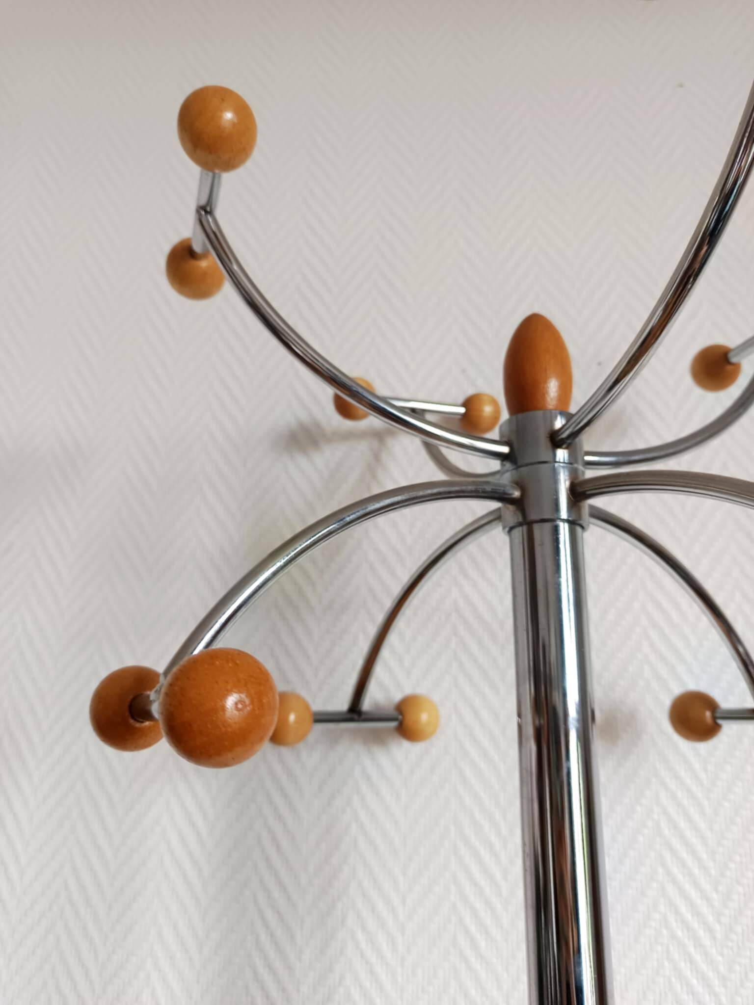 Space Age chrome and wood coat rack 1970