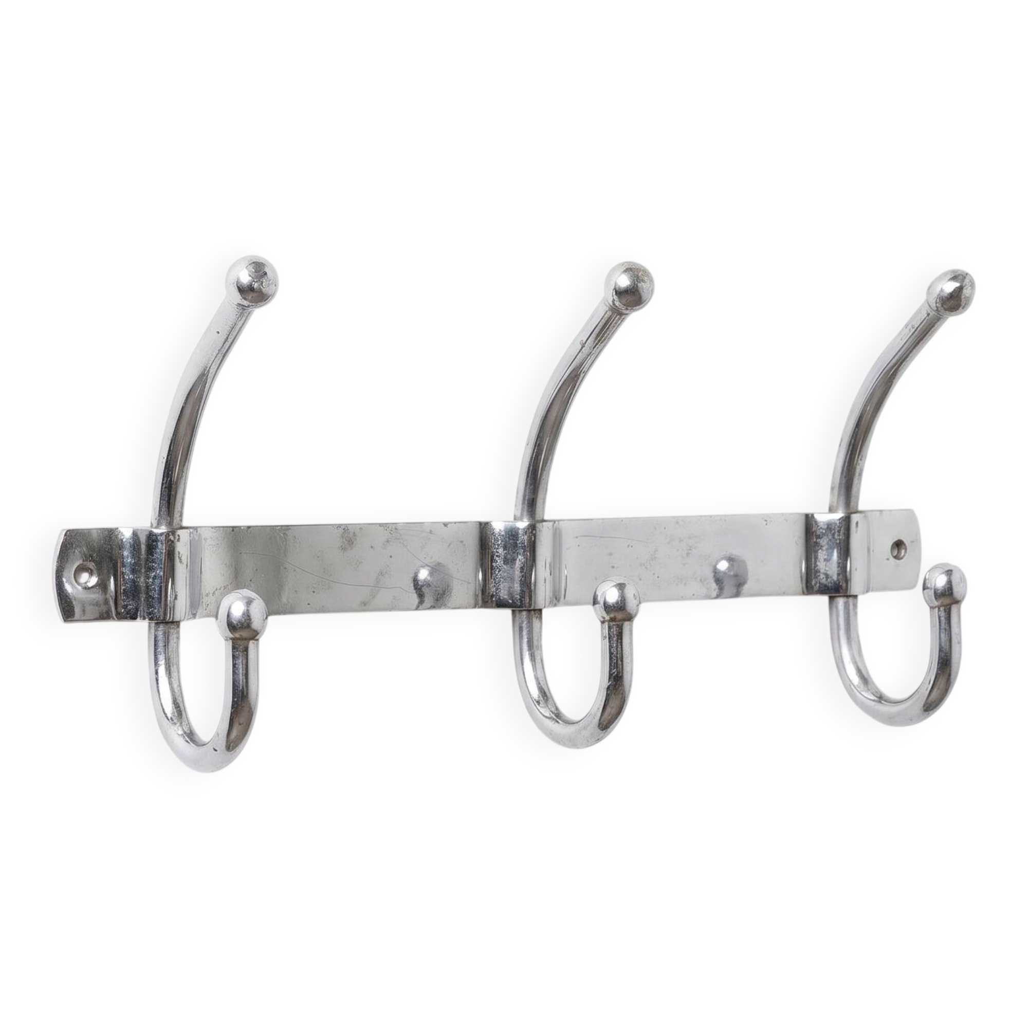 Vintage chrome wall coat rack with 3 double hooks, modernist design.
