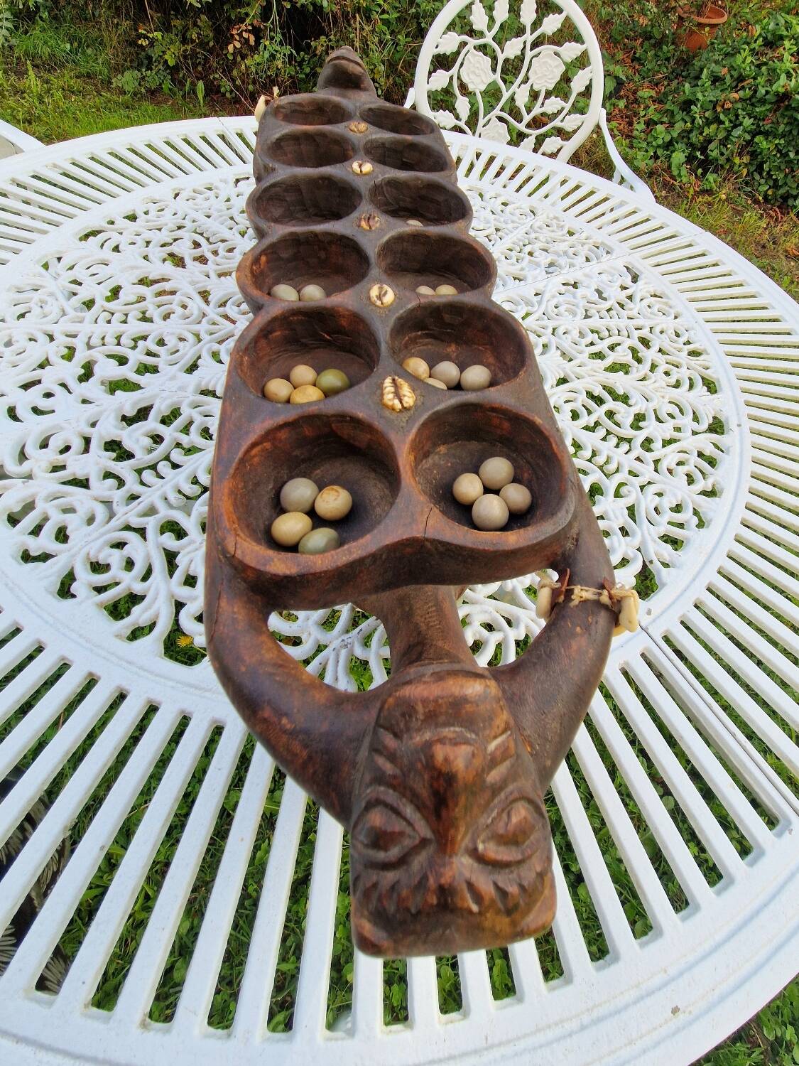 Large vintage Awale Oware game hand carved wood Nigeria 1980s
