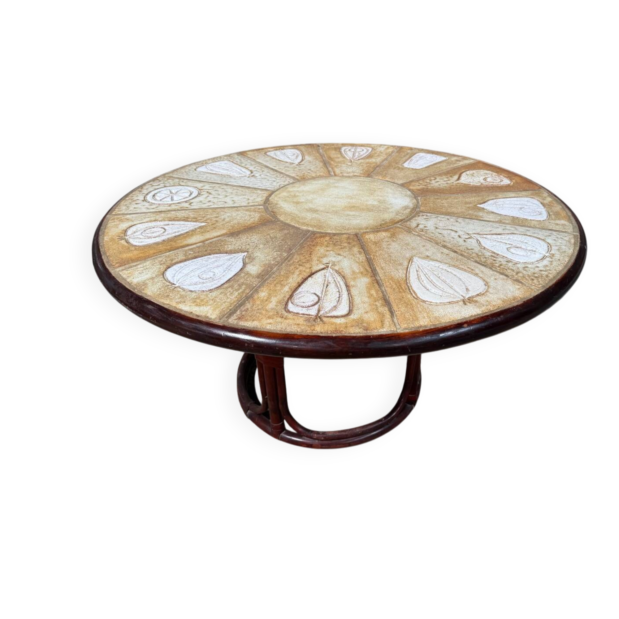 Table haute céramique et rotin vintage