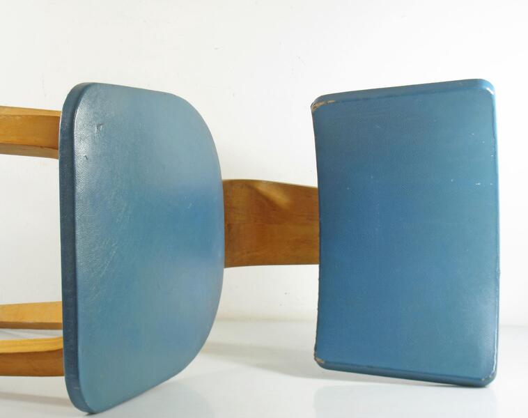 Vintage set of two Cor Alons chairs – bent plywood & blue and cream skai upholstery – 1950s Dutch design