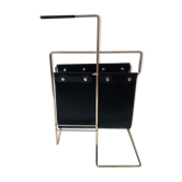 Magazine holder, vintage, gold metal, black skai support, 50s