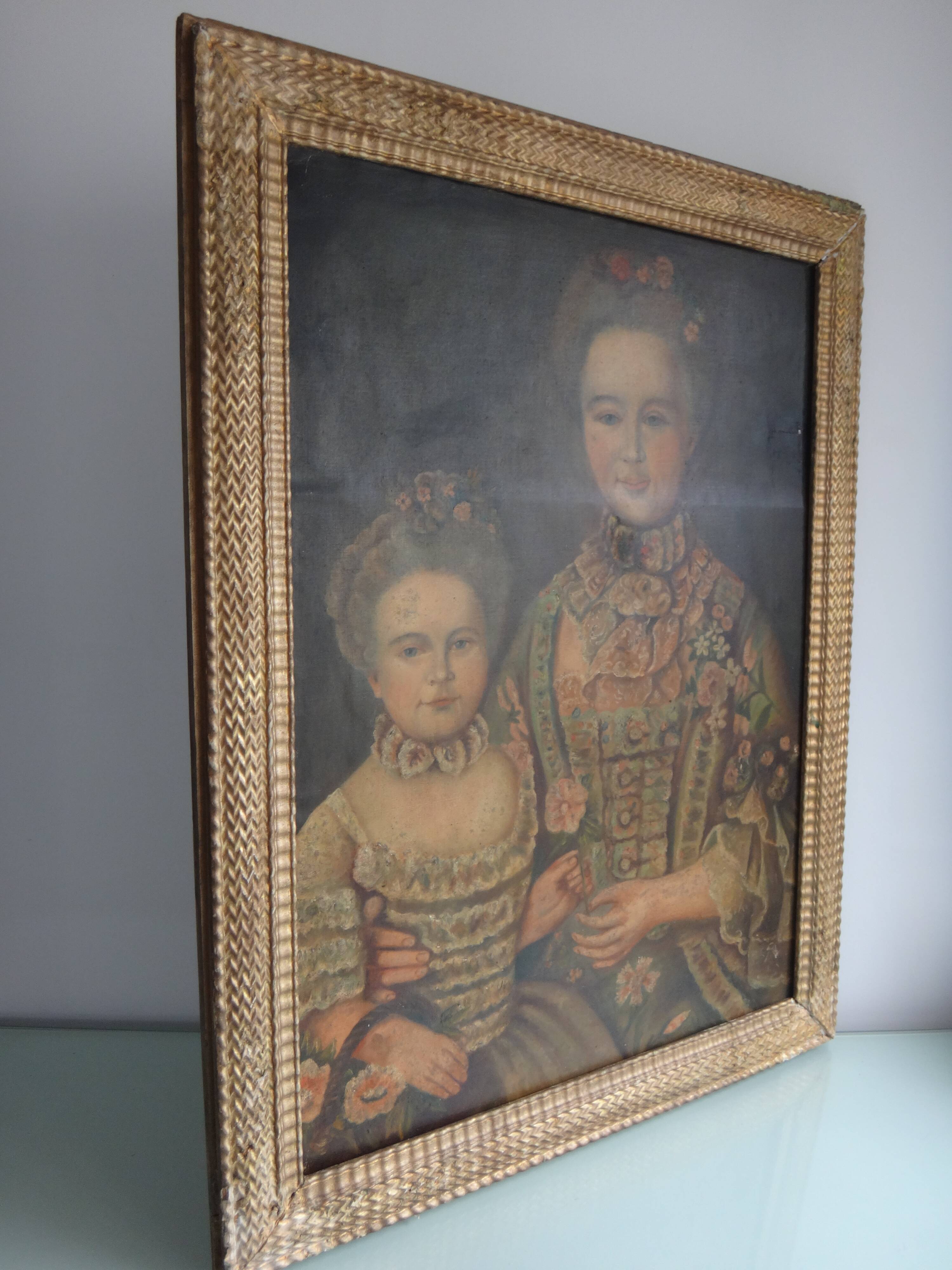 Portrait femme et fille huile sur toile encadrée, XIXe
