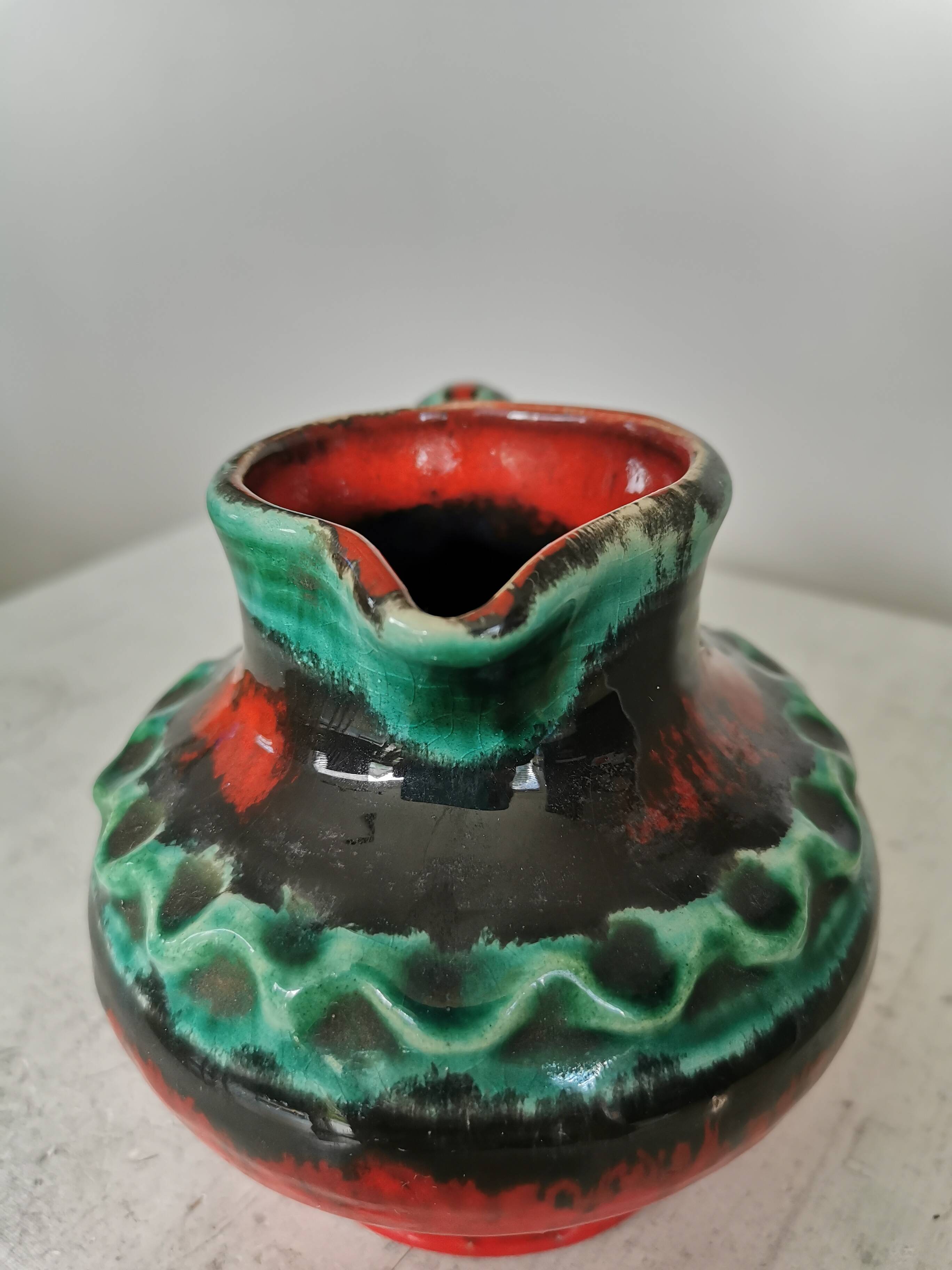 Fat Lava Pitcher Vase: Red Black Green Glaze, West German Pottery