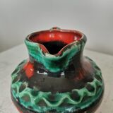 Fat Lava Pitcher Vase: Red Black Green Glaze, West German Pottery