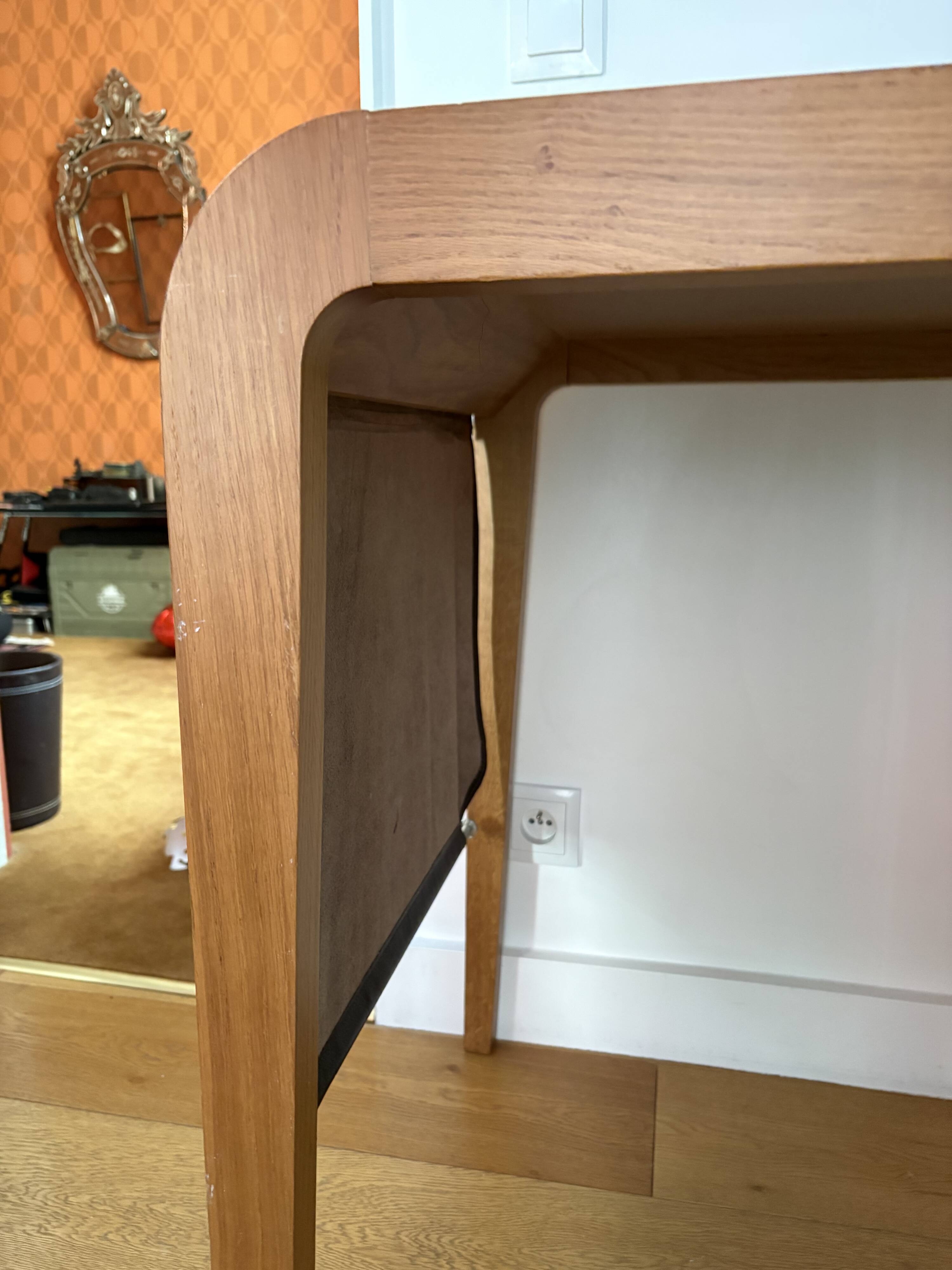 Vintage curved wood and leather desk – 1970s/80s