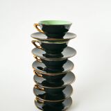 Set of 6 black and colored earthenware cups and saucers, 1950