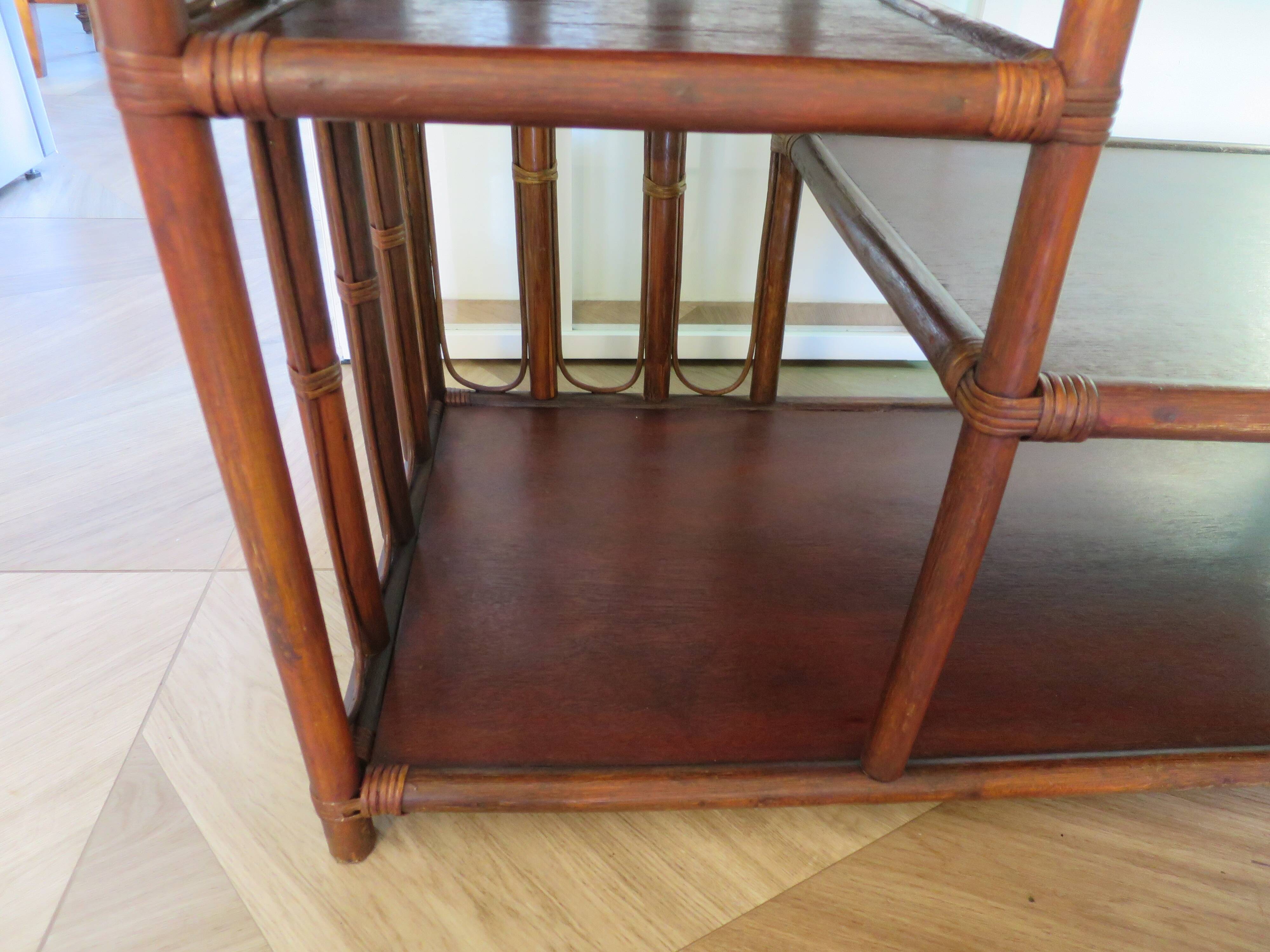 Retro side table - vinyl furniture - rattan and bamboo - 1980s