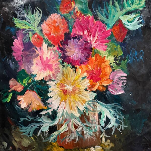 Huile sur carton nature morte bouquet de fleurs 1960