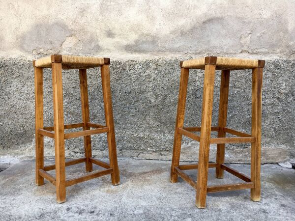 Paire de tabourets porte plante paille bout de canapé bois massif 1950 décoration meuble vintage