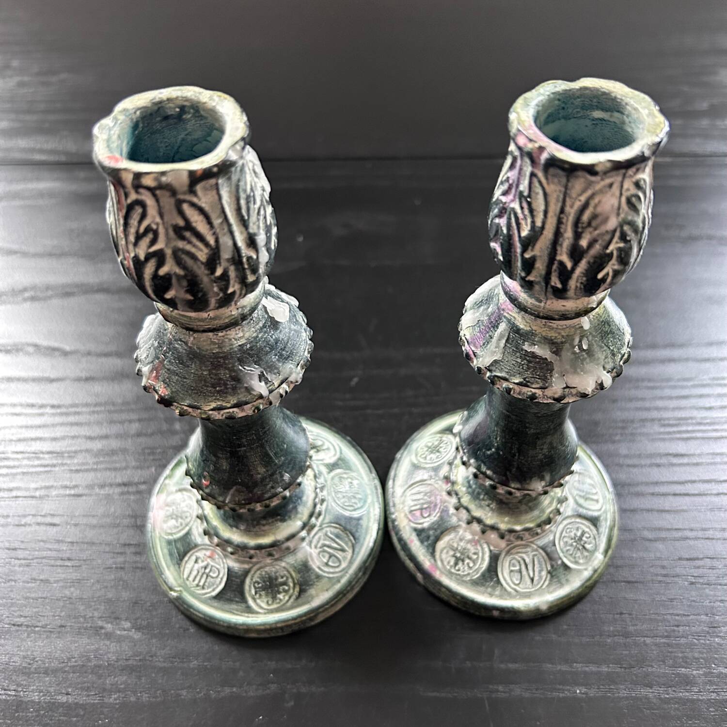 Pair of green ceramic candlesticks