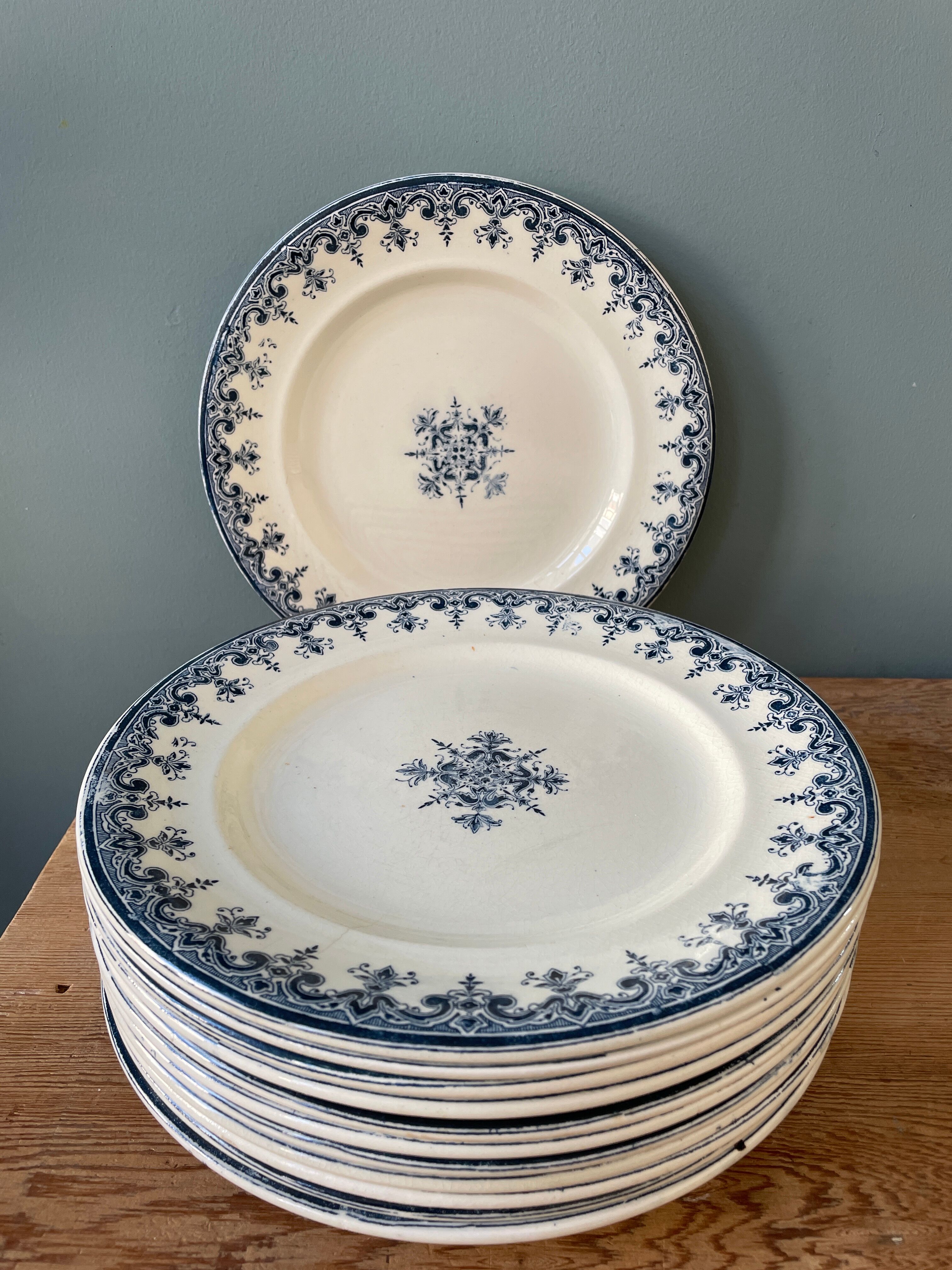 Set of 12 flat plates Terre de Fer L.G "Rouen" XIX