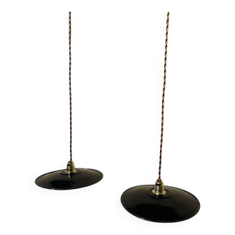 2 vintage enamelled sheet metal pendant lights