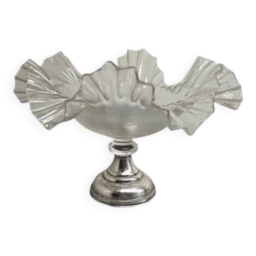 Bonbonnière en verre filigrané ancien sur base en argent