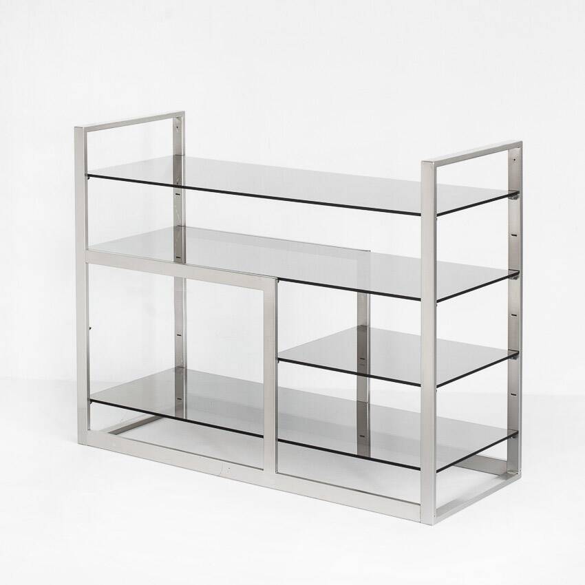 Vintage TV or HiFi cabinet. Brushed stainless steel and smoked glass. France, 1970s