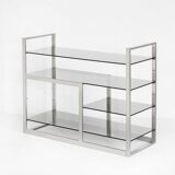 Vintage TV or HiFi cabinet. Brushed stainless steel and smoked glass. France, 1970s