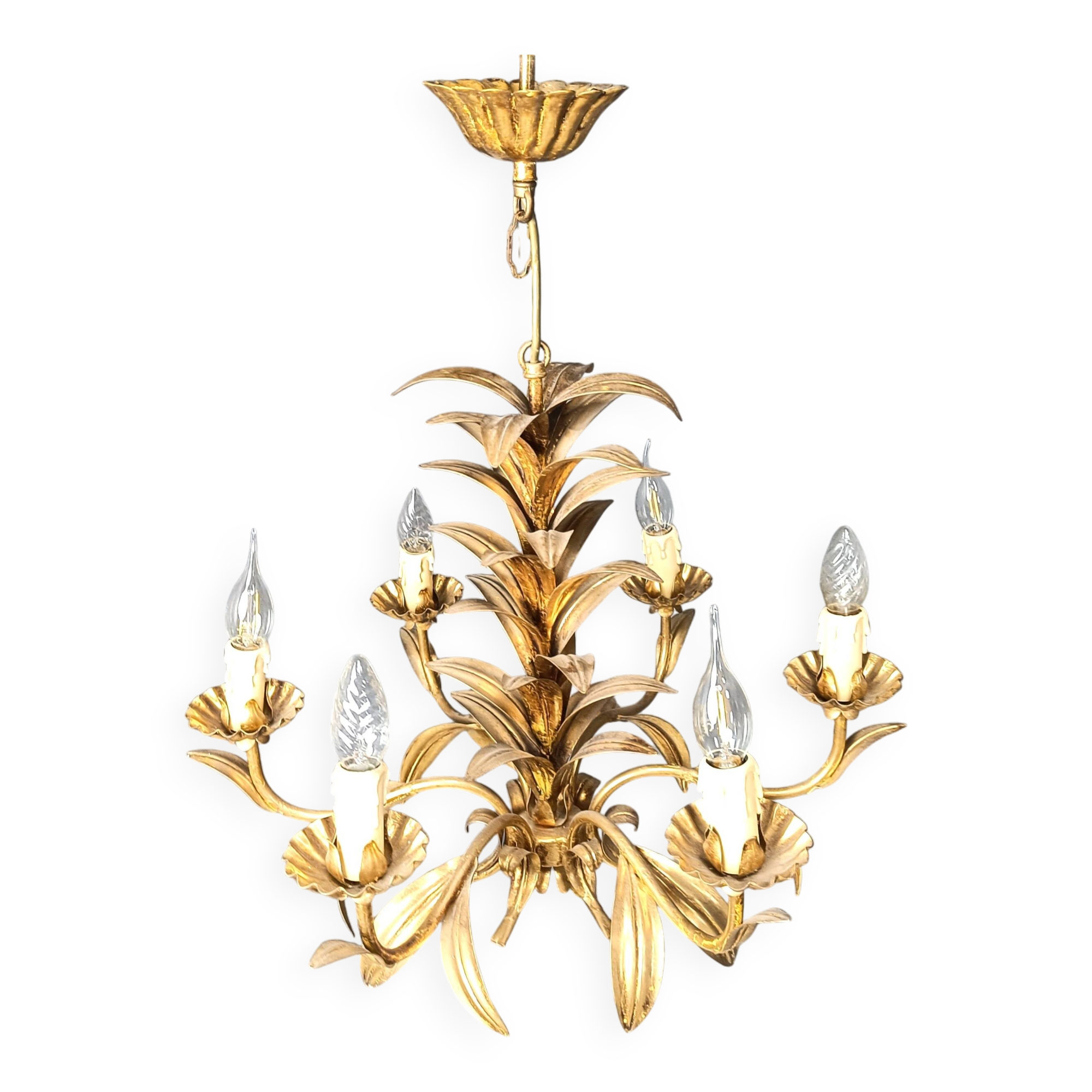 Vintage gilt metal pineapple leaf chandelier, 1960s
