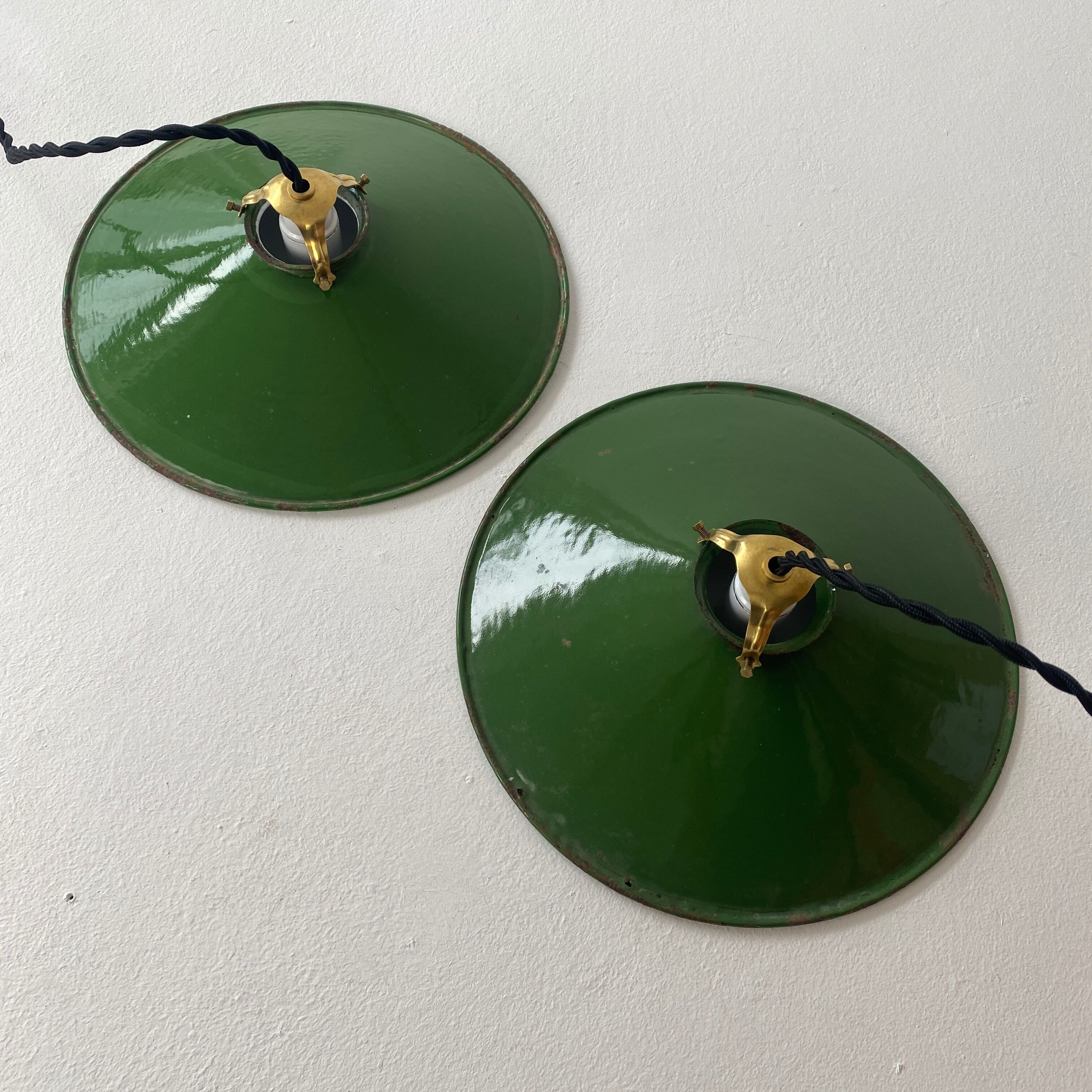 Pair of vintage industrial enamelled suspensions