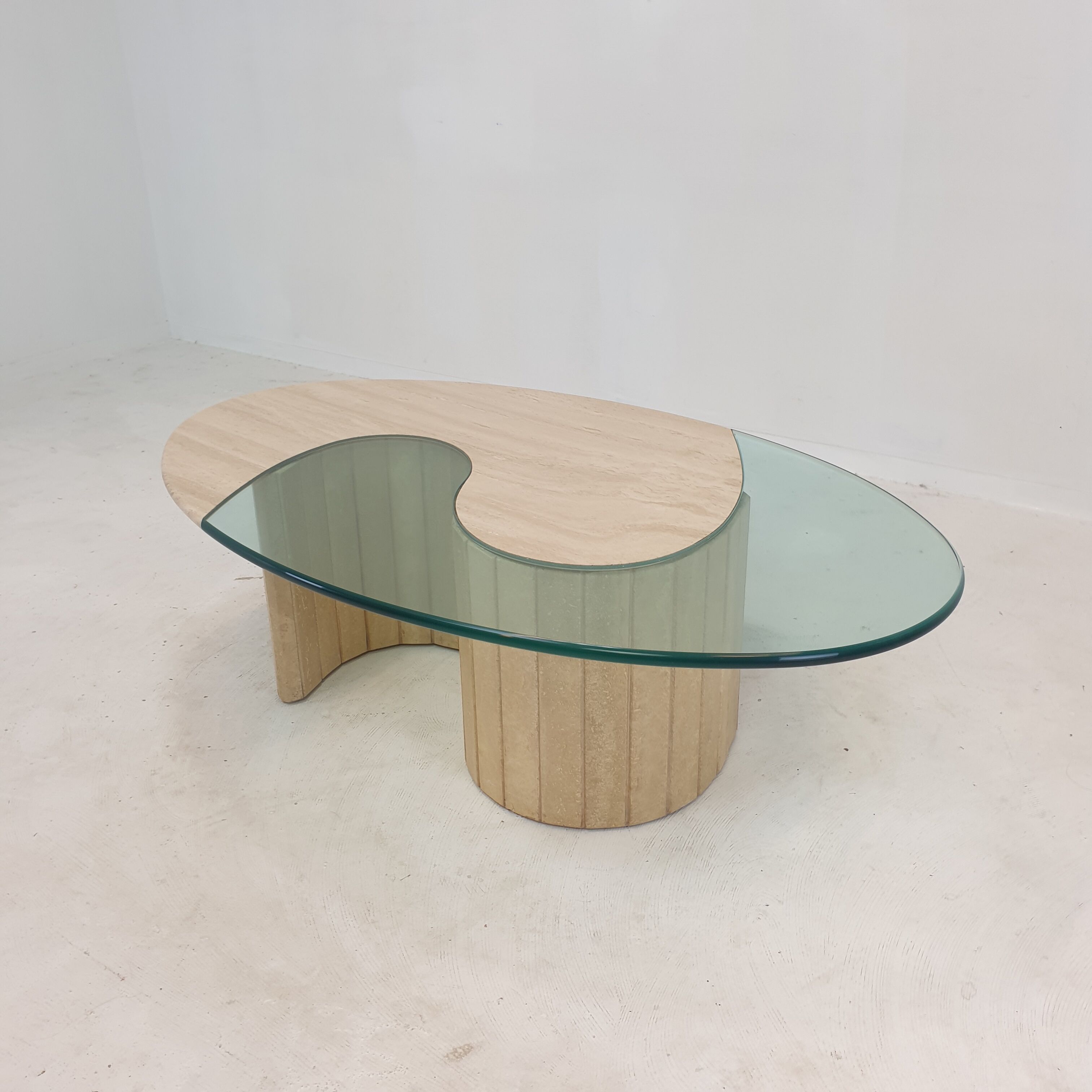 Italian travertine and glass coffee table, 1980's