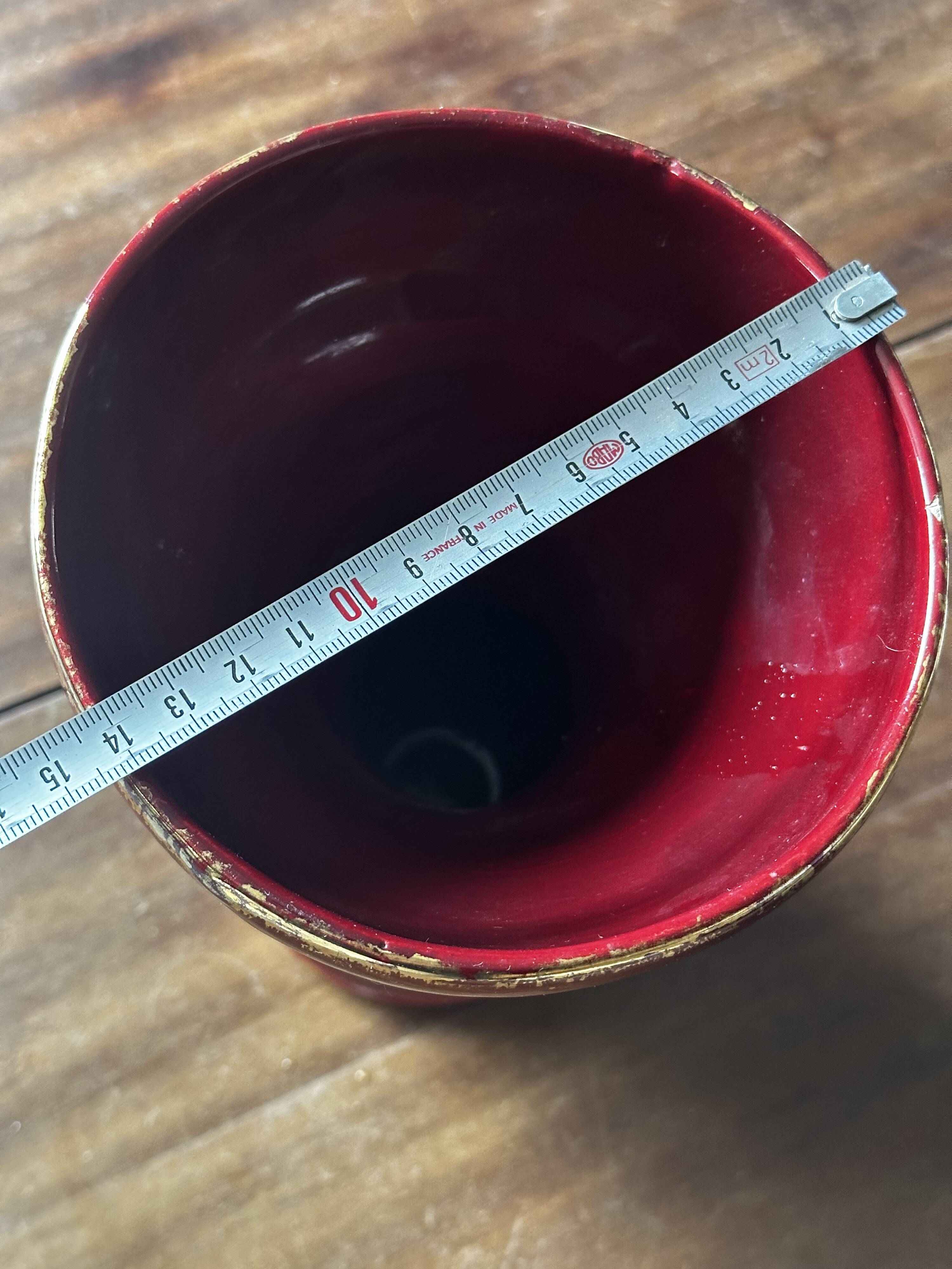 Ringed ceramic vase from Louviers, red and gold, 1950s