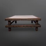 Brutalist oak square coffee table with copper top, Netherlands 1950s