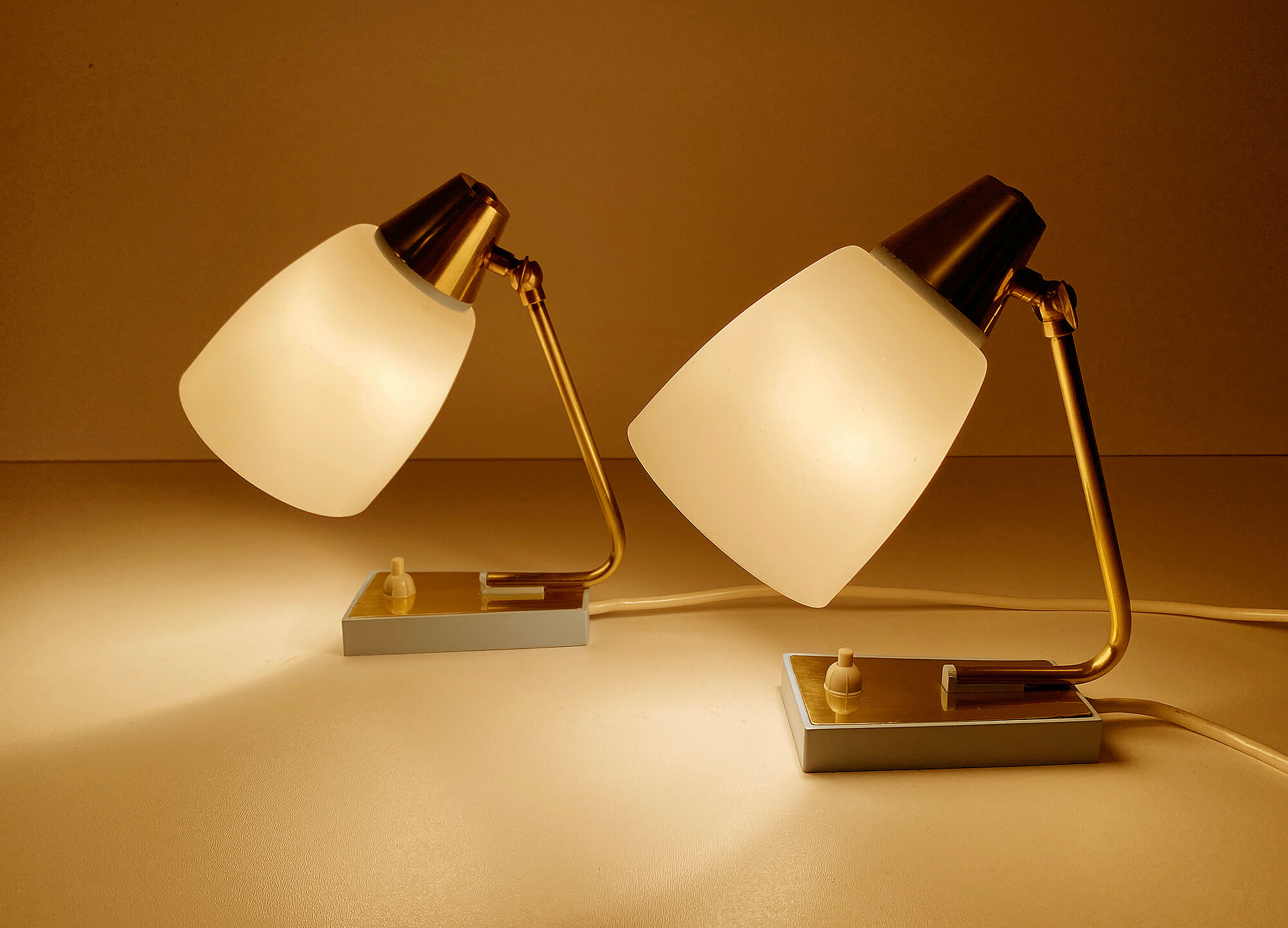 Pair of vintage table or bedside lamps, brass and glass, 50s 60s