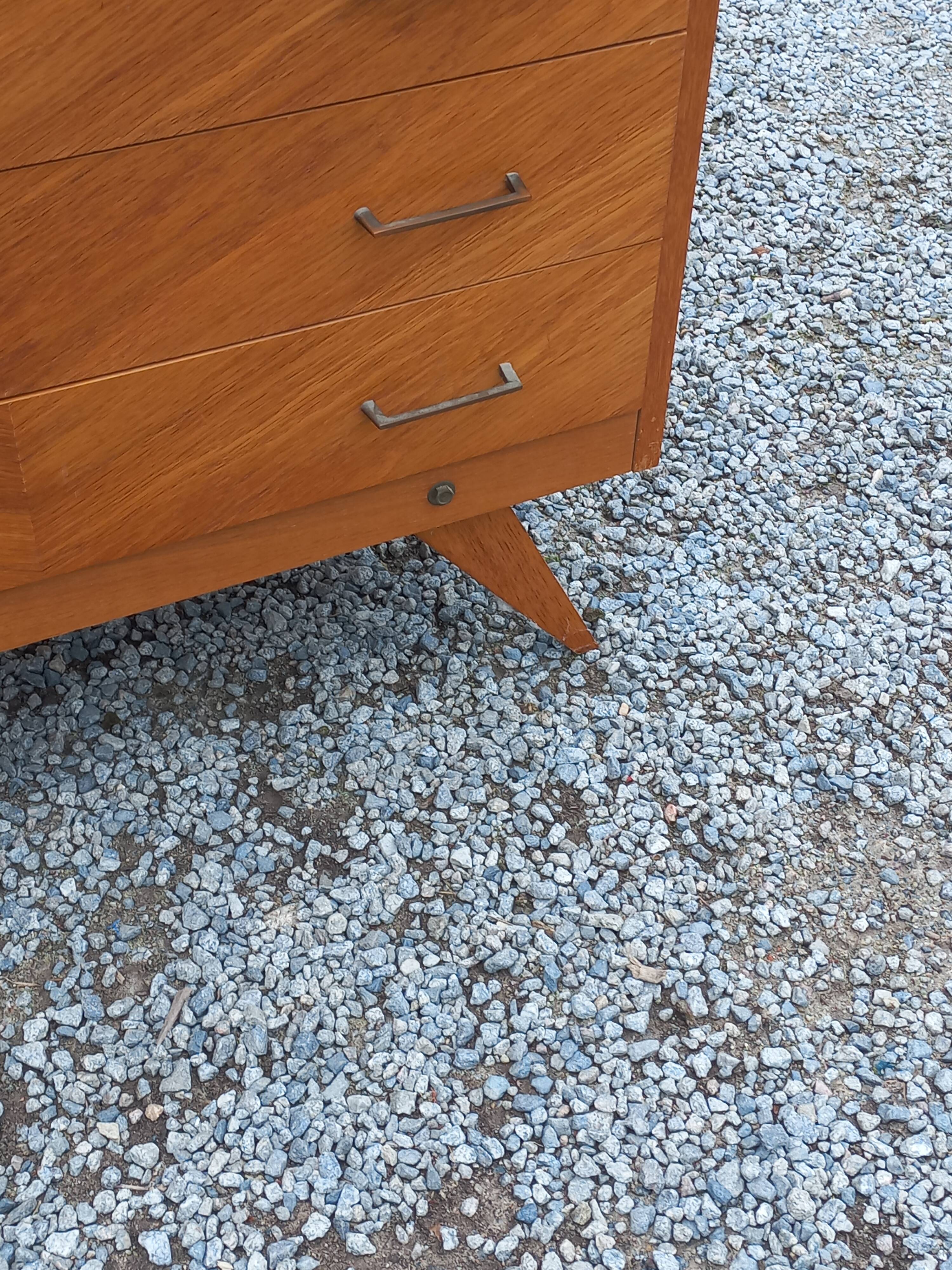 Vintage chest of drawers in blond and golden oak, compass legs and 4 drawers, 1950s