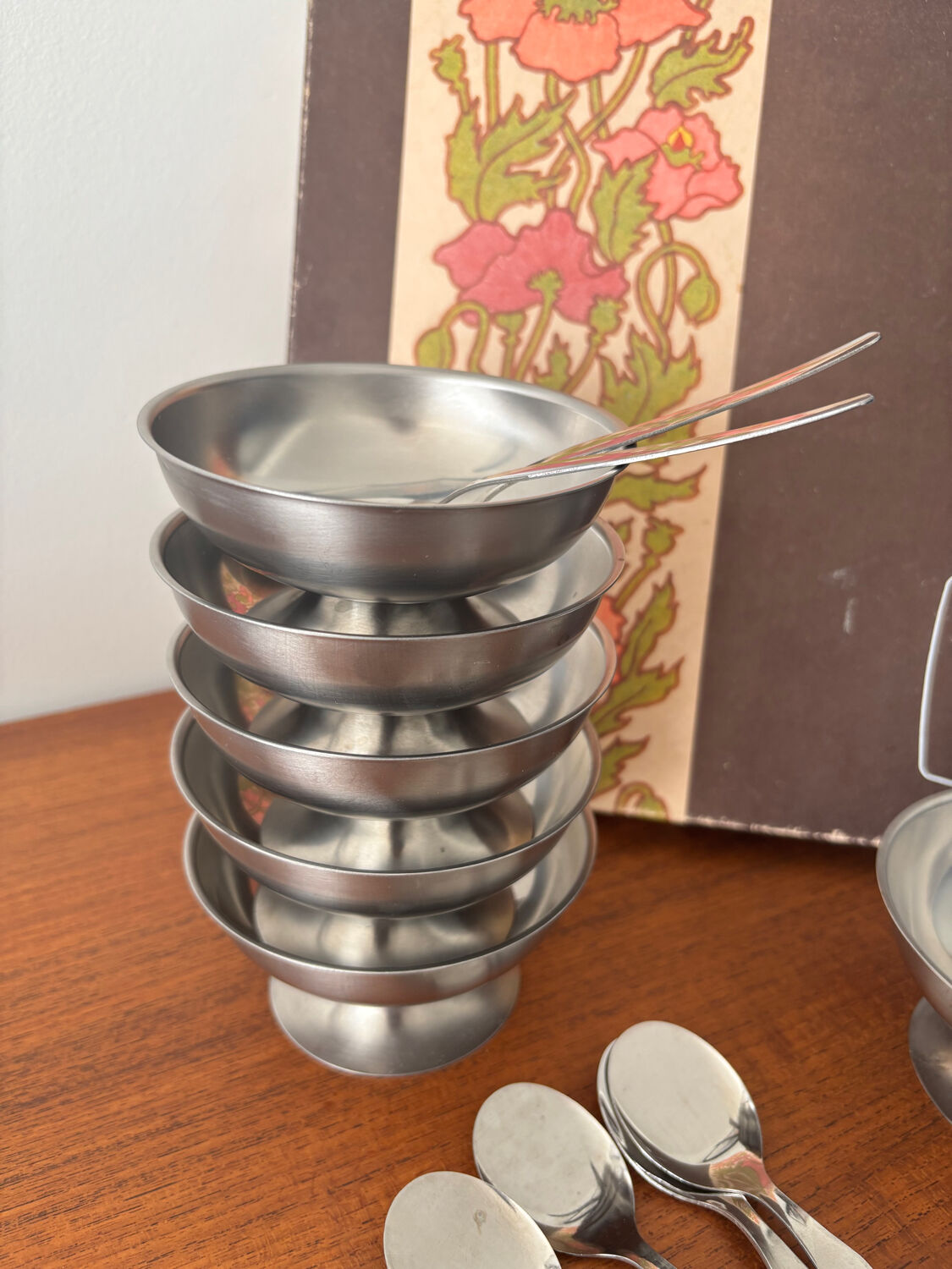 Vintage Jean Couzon box with 6 stainless steel ice cream bowls and bistro spoons.