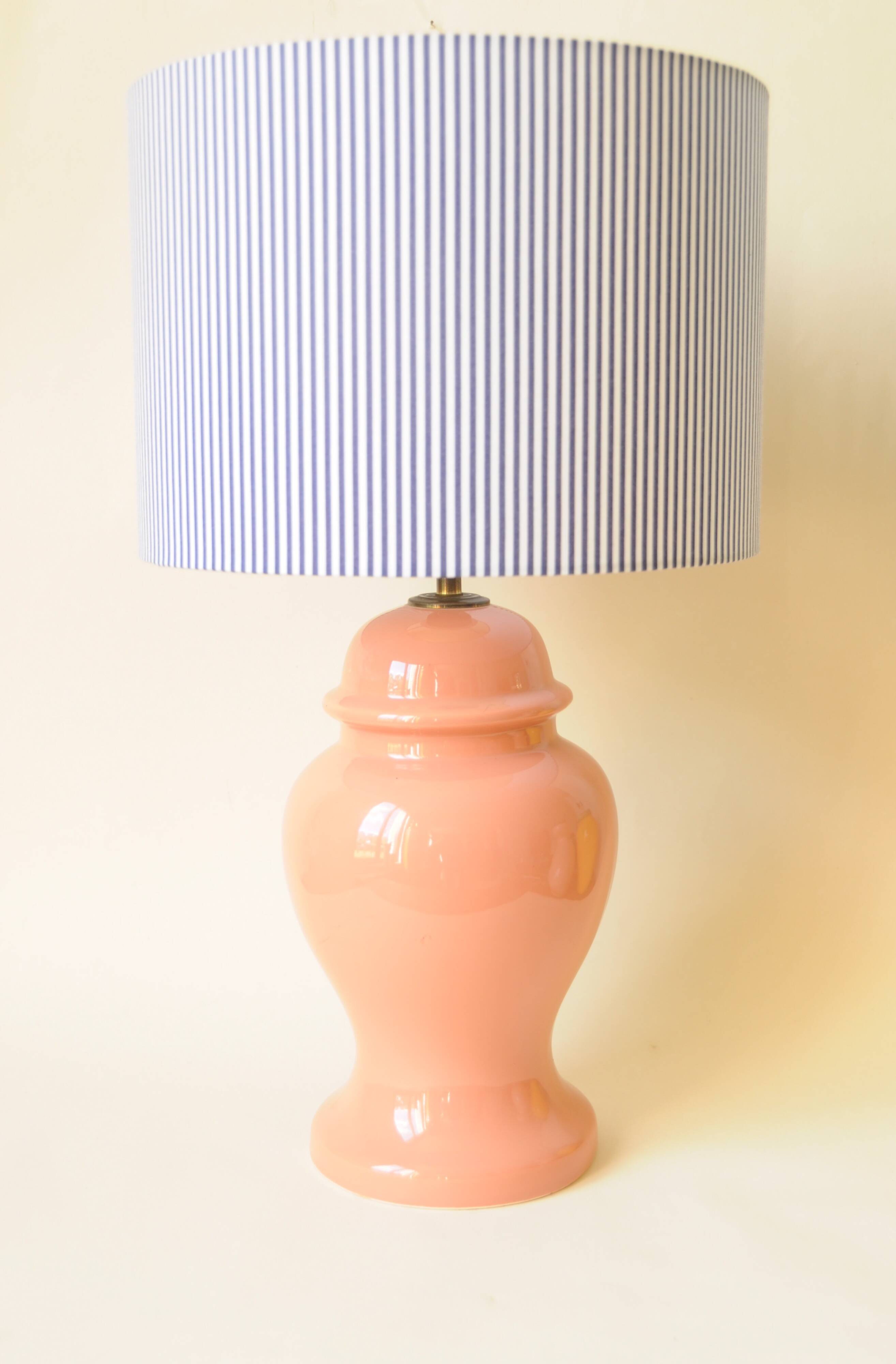 Decorative pink ceramic vase lamp - blue and white striped shade