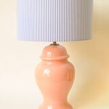 Decorative pink ceramic vase lamp - blue and white striped shade