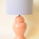 Decorative pink ceramic vase lamp - blue and white striped shade