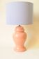 Decorative pink ceramic vase lamp - blue and white striped shade