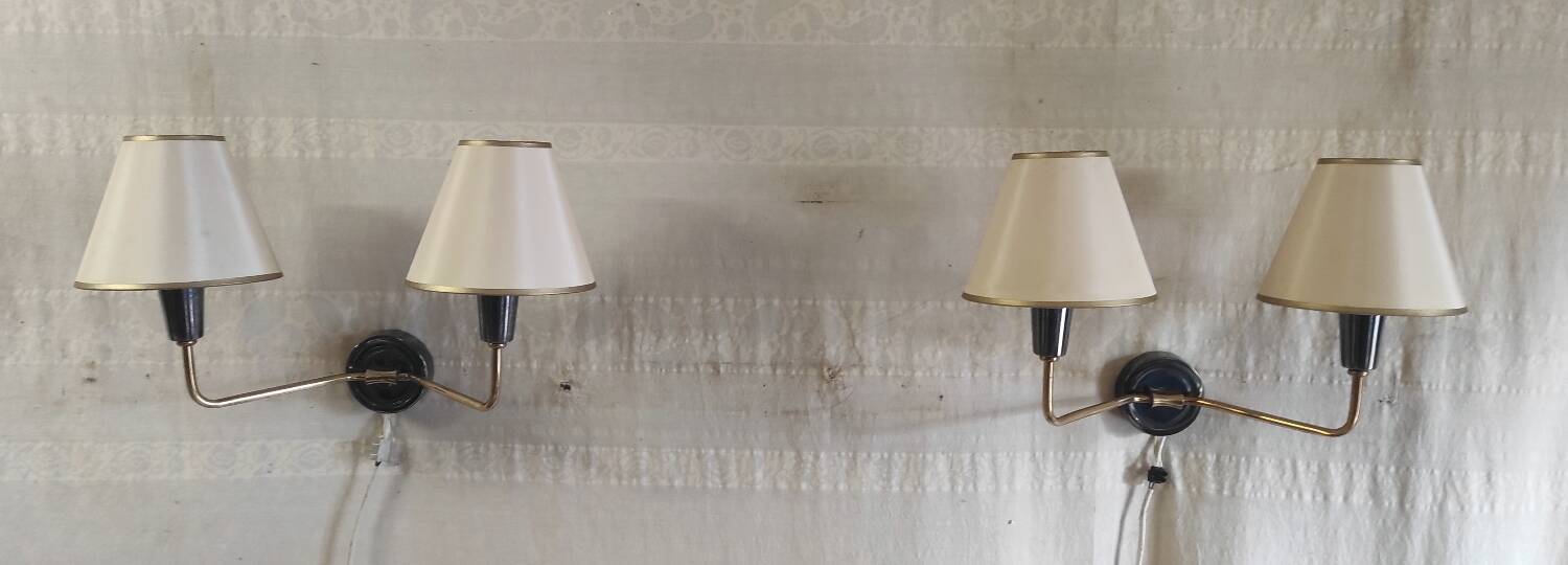 Double light wall sconces in gilded brass and gun barrel - 1950s/60s