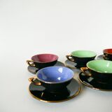 Set of 6 black and colored earthenware cups and saucers, 1950